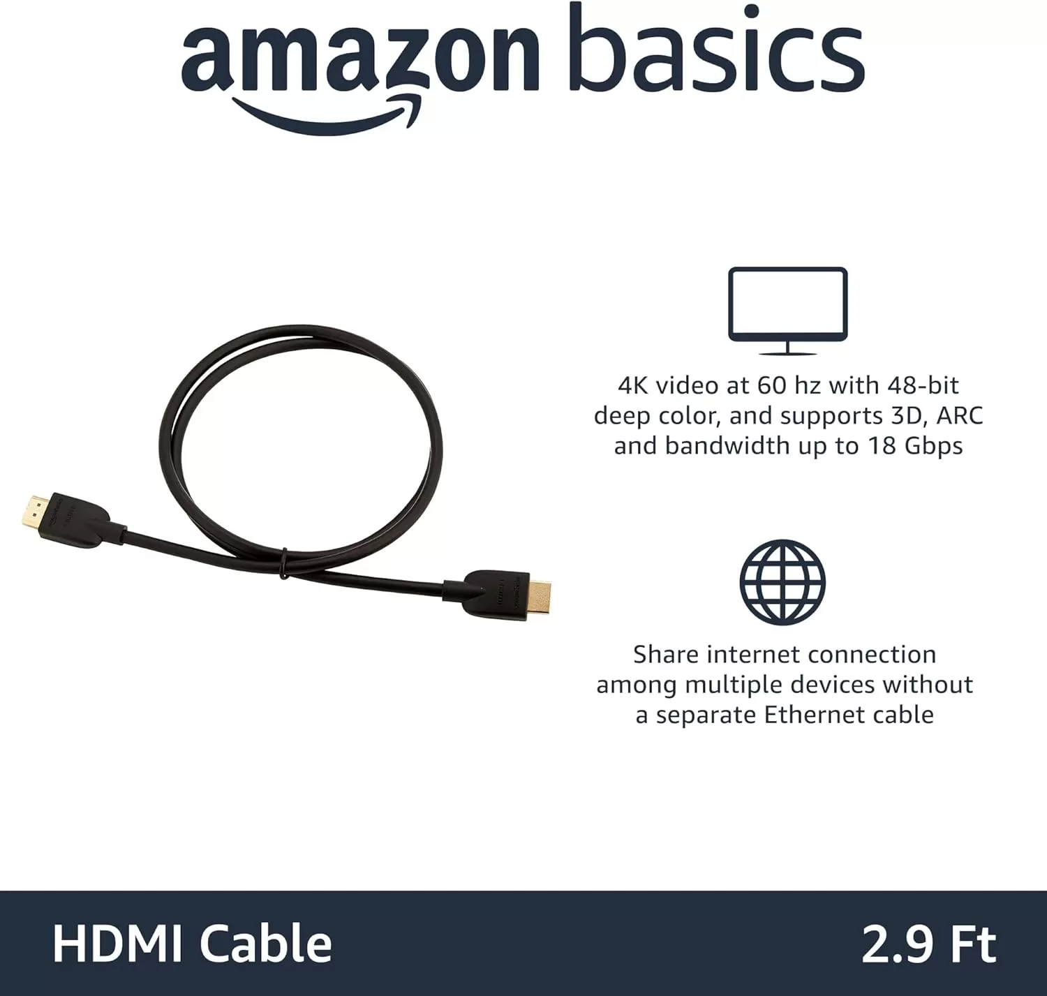 imageAmazon Basics HighSpeed 4K Ultra HD HDMI 20 CableCord 3ft  09m 18 Gbps 60 Hz 2160p 48 bit MaletoMale Ethernet Ready 3D Black3 Feet