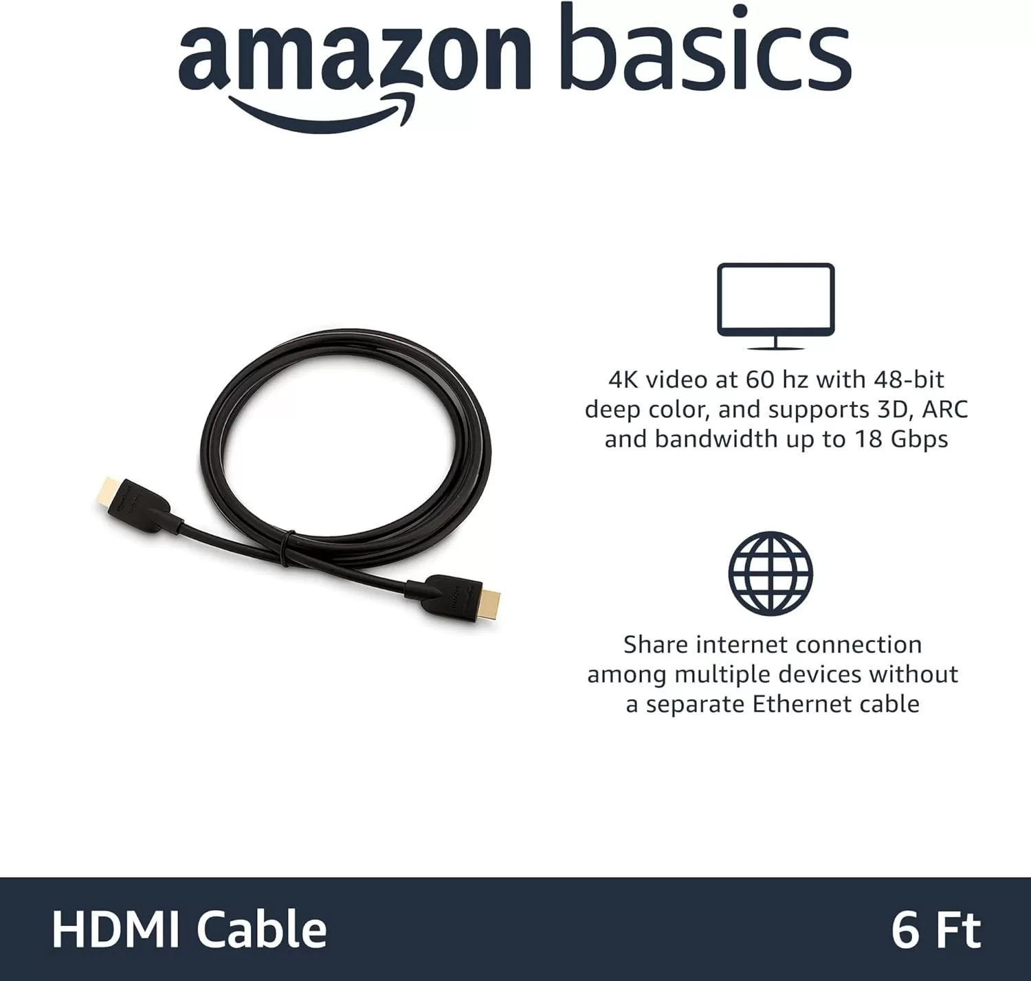 imageAmazon Basics HighSpeed 4K Ultra HD HDMI 20 CableCord 3ft  09m 18 Gbps 60 Hz 2160p 48 bit MaletoMale Ethernet Ready 3D Black6 Feet