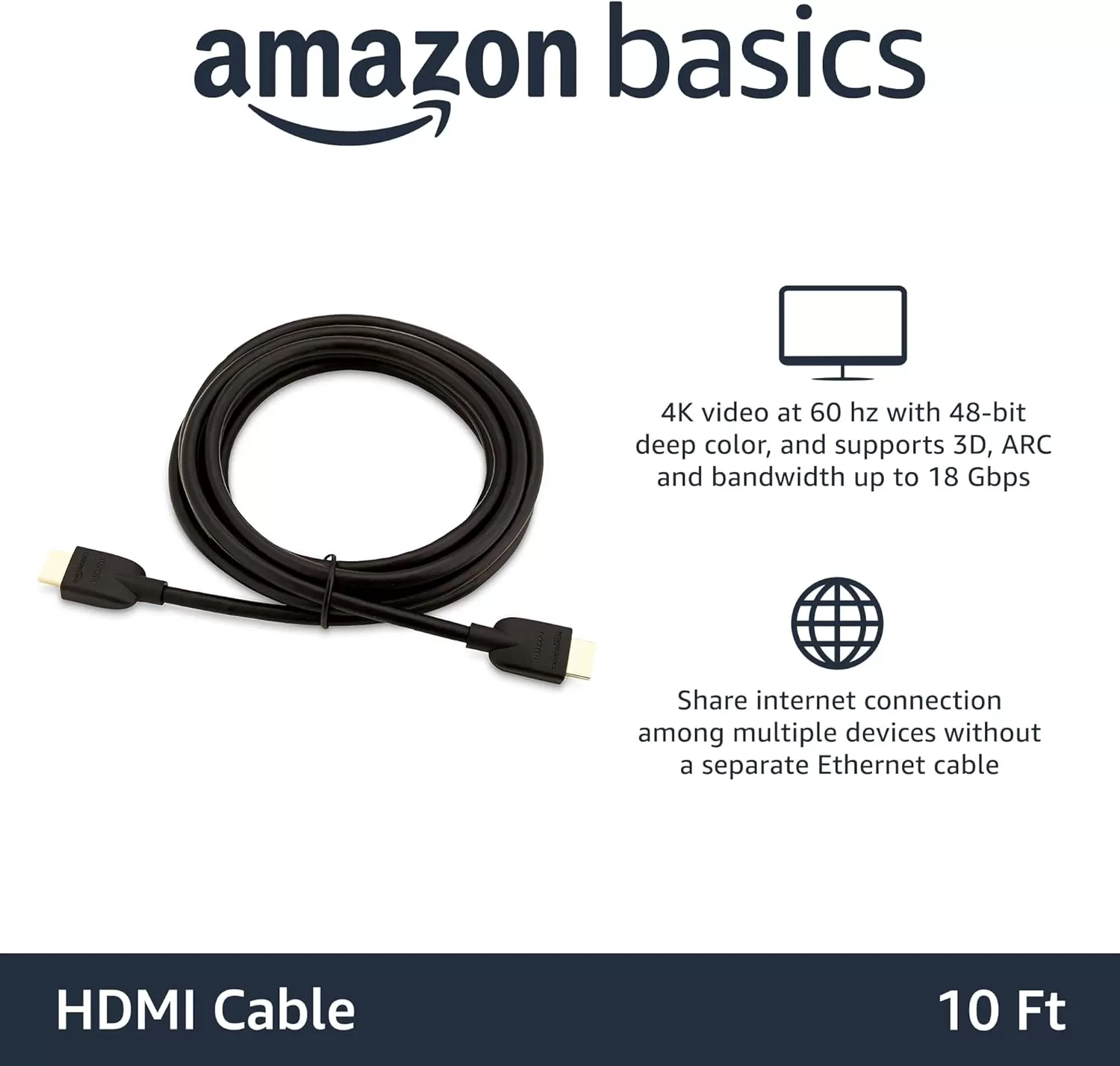 imageAmazon Basics HighSpeed 4K Ultra HD HDMI 20 CableCord 6 feet 1Pack Case of 84 18 Gbps 60 Hz 2160p 48 bit MaletoMale Ethernet Ready 3D Black10 Feet