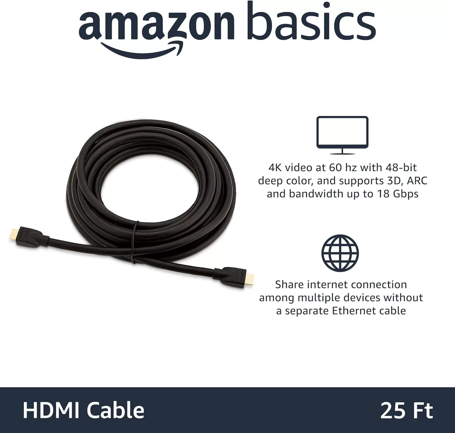 imageAmazon Basics HighSpeed 4K Ultra HD HDMI 20 CableCord 6 feet 1Pack Case of 84 18 Gbps 60 Hz 2160p 48 bit MaletoMale Ethernet Ready 3D Black25 Feet