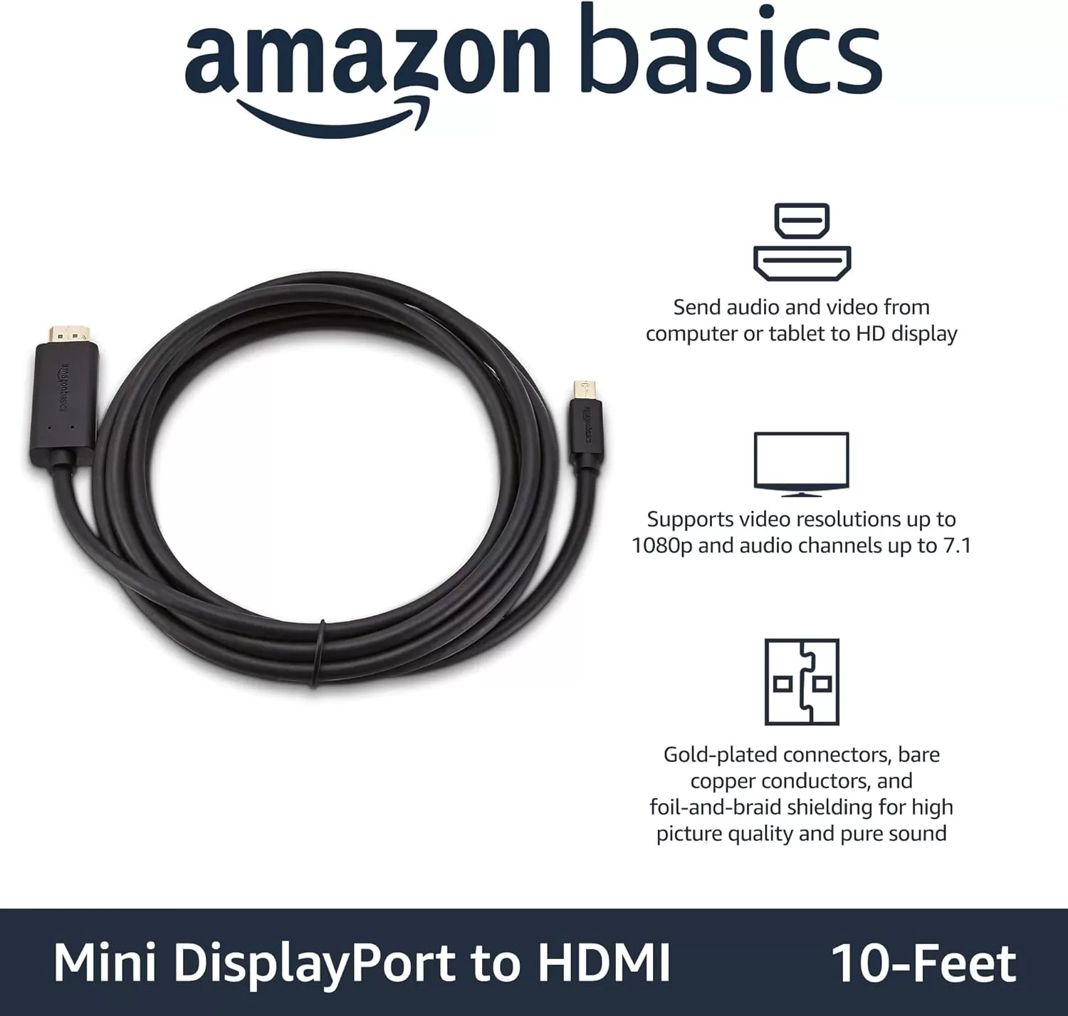 imageAmazon Basics Mini DisplayPort Male to HDMI Male Cable 1080p GoldPlated Plugs 6 Foot Black for Personal Computer10Feet