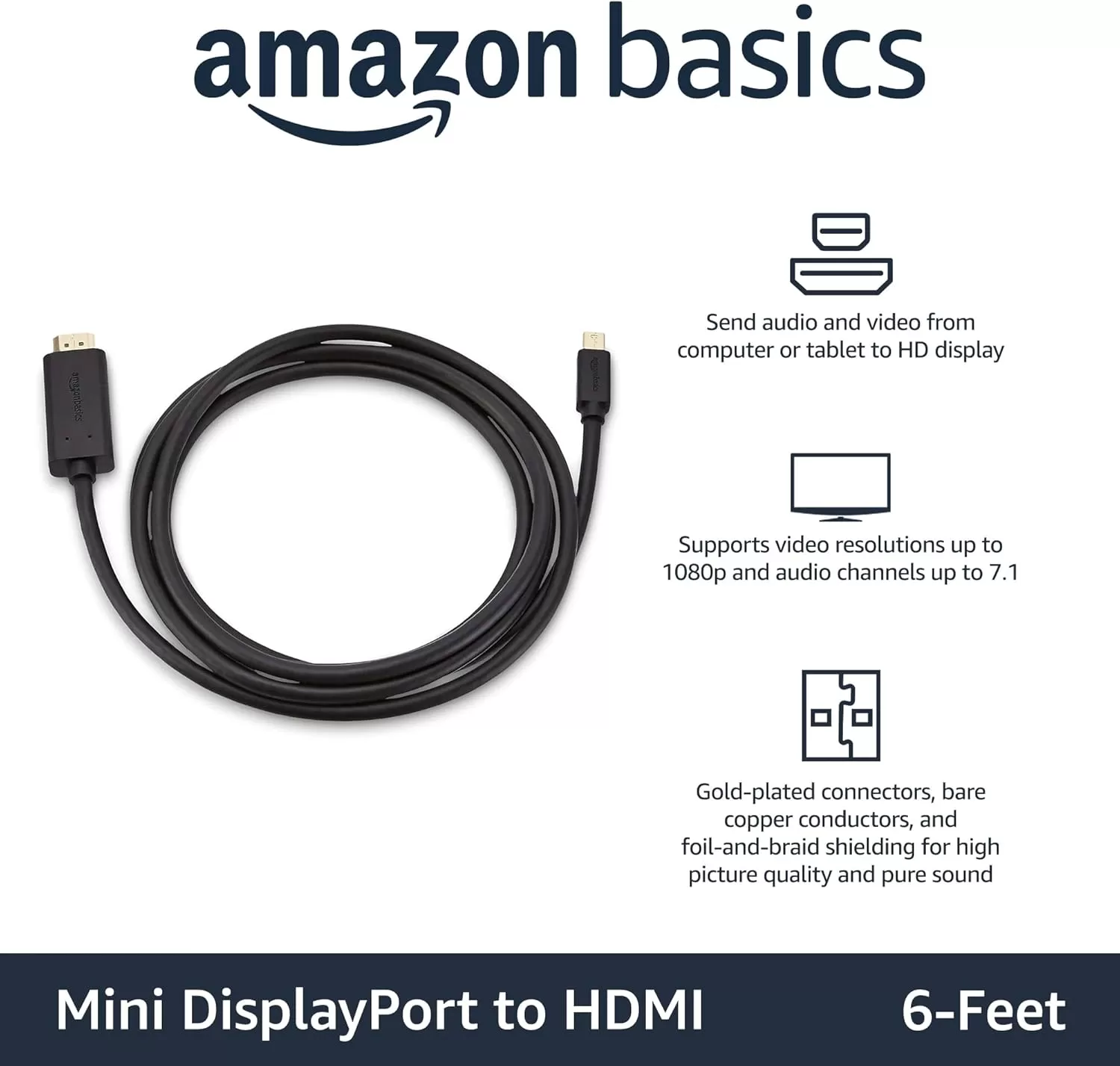 imageAmazon Basics Mini DisplayPort Male to HDMI Male Cable 1080p GoldPlated Plugs 6 Foot Black for Personal Computer6Feet