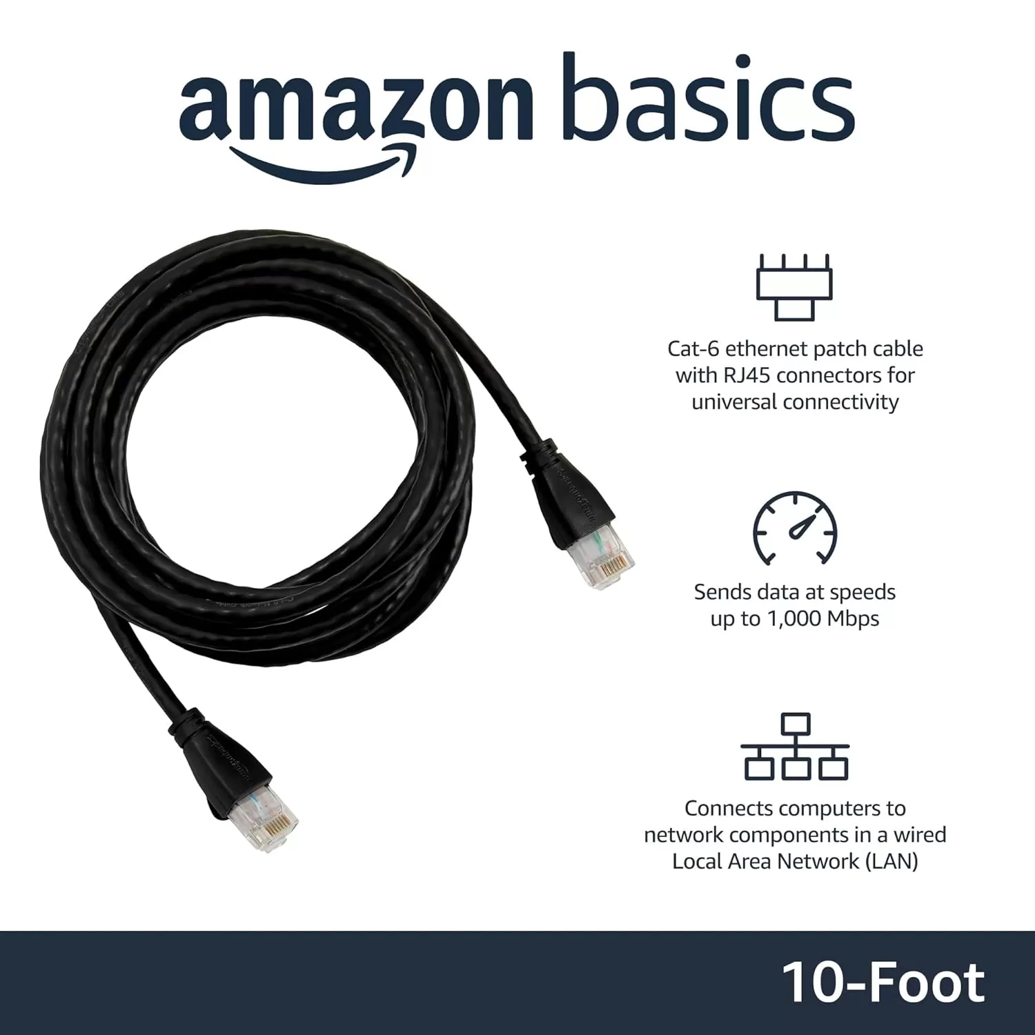 imageAmazon Basics RJ45 Cat6 Ethernet Network Cable for Fast Gaming 1Gbps Transfer Speed Durable GoldPlated Connectors 25 Foot 76 Meters Black10 Foot