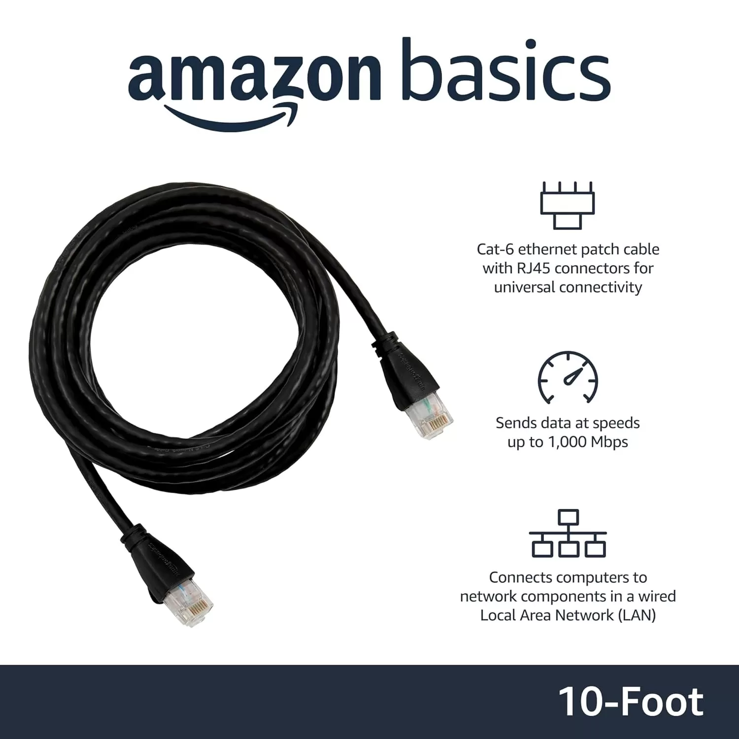 imageAmazon Basics RJ45 Cat6 Ethernet Network Cable for Fast Gaming 1Gbps Transfer Speed Durable GoldPlated Connectors 25 Foot 76 Meters Black10 Foot