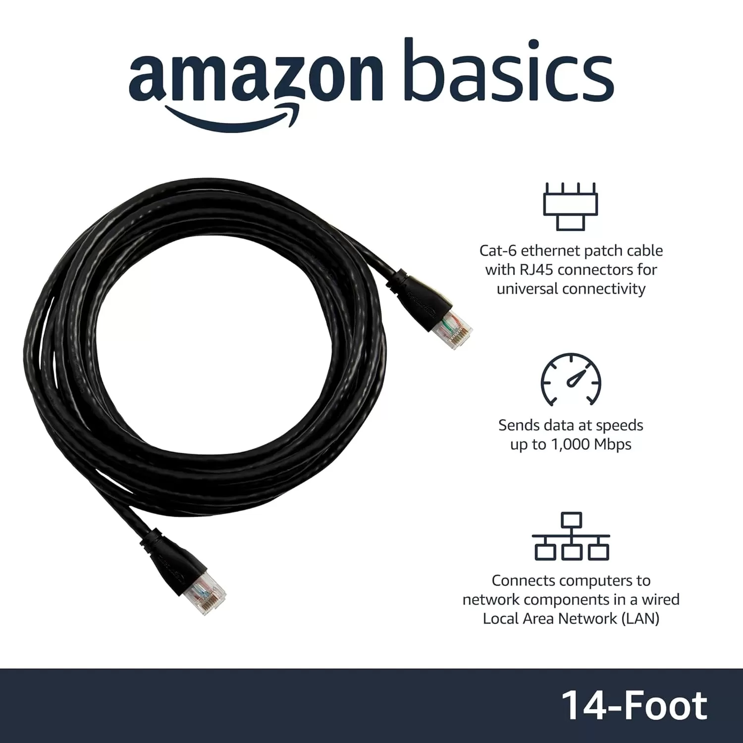 imageAmazon Basics RJ45 Cat6 Ethernet Network Cable for Fast Gaming 1Gbps Transfer Speed Durable GoldPlated Connectors 25 Foot 76 Meters Black14 Foot