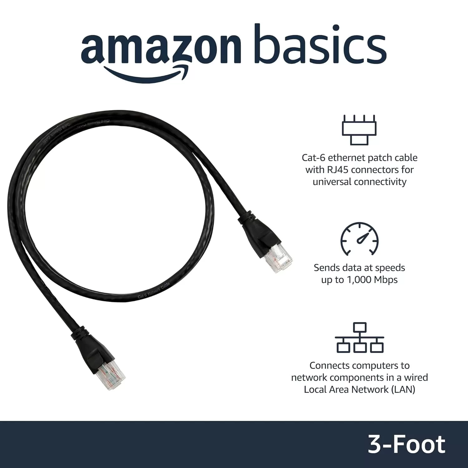 imageAmazon Basics RJ45 Cat6 Ethernet Network Cable for Fast Gaming 1Gbps Transfer Speed Durable GoldPlated Connectors 25 Foot 76 Meters Black3 Foot