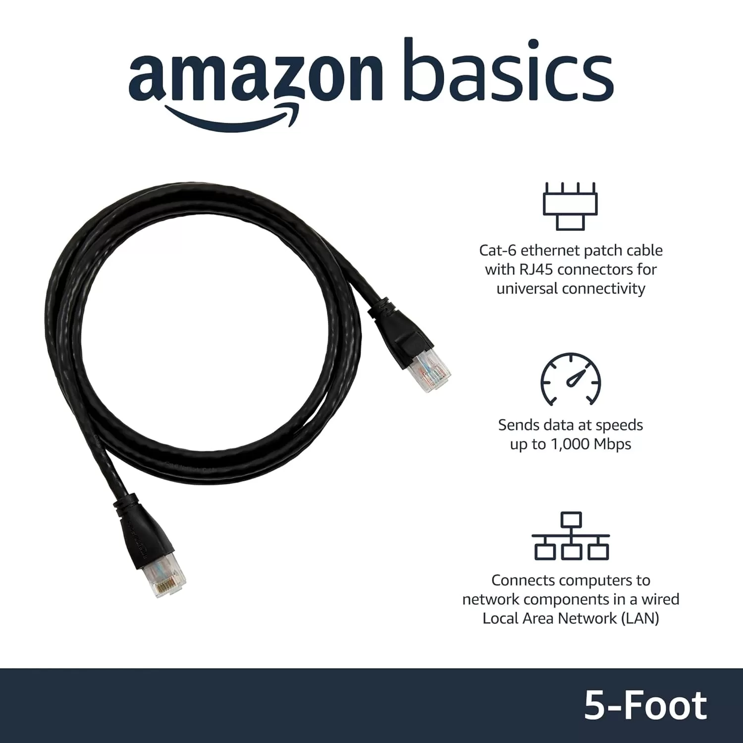 imageAmazon Basics RJ45 Cat6 Ethernet Network Cable for Fast Gaming 1Gbps Transfer Speed Durable GoldPlated Connectors 25 Foot 76 Meters Black5 Foot