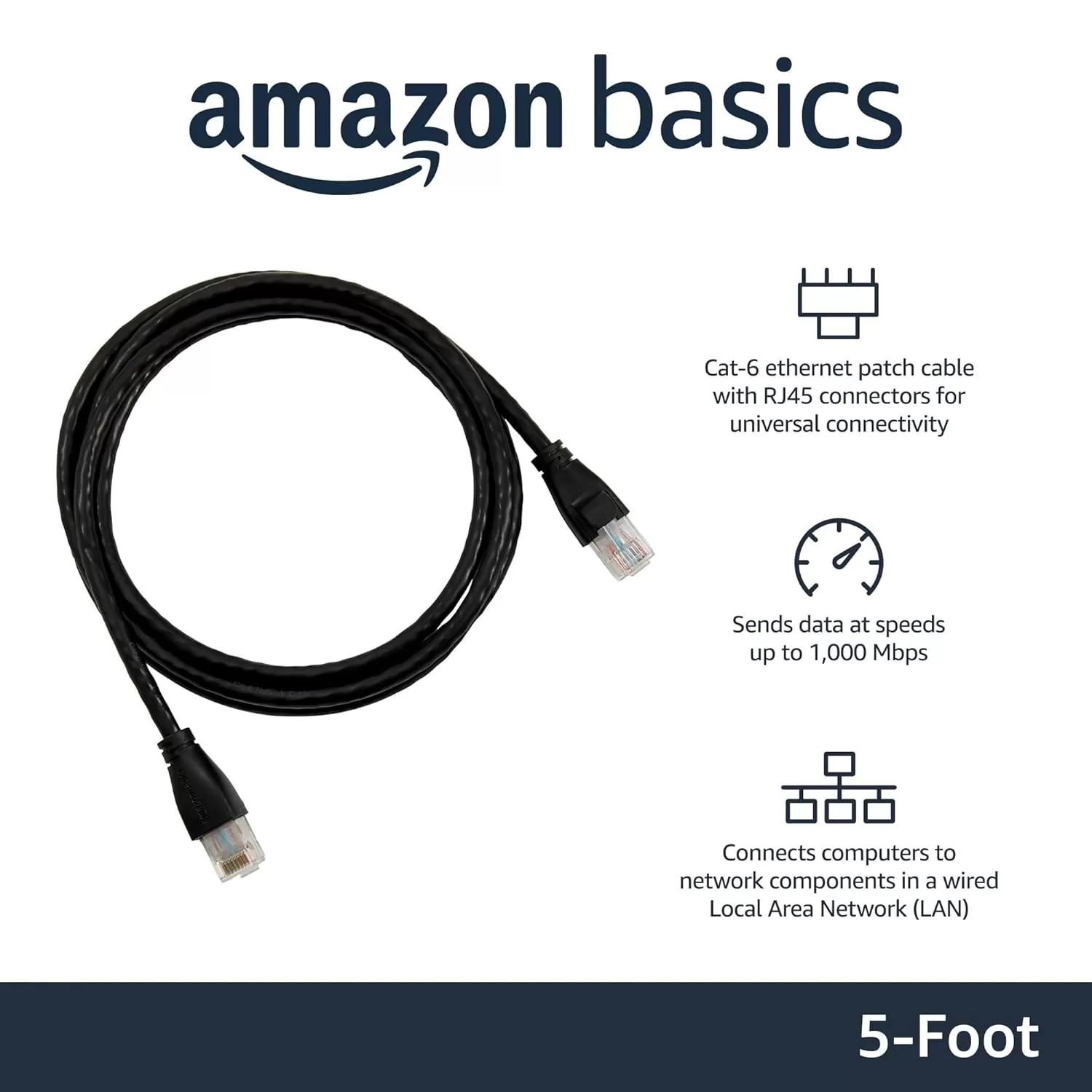 imageAmazon Basics RJ45 Cat6 Ethernet Network Cable for Fast Gaming 1Gbps Transfer Speed Durable GoldPlated Connectors 25 Foot 76 Meters Black5 Foot