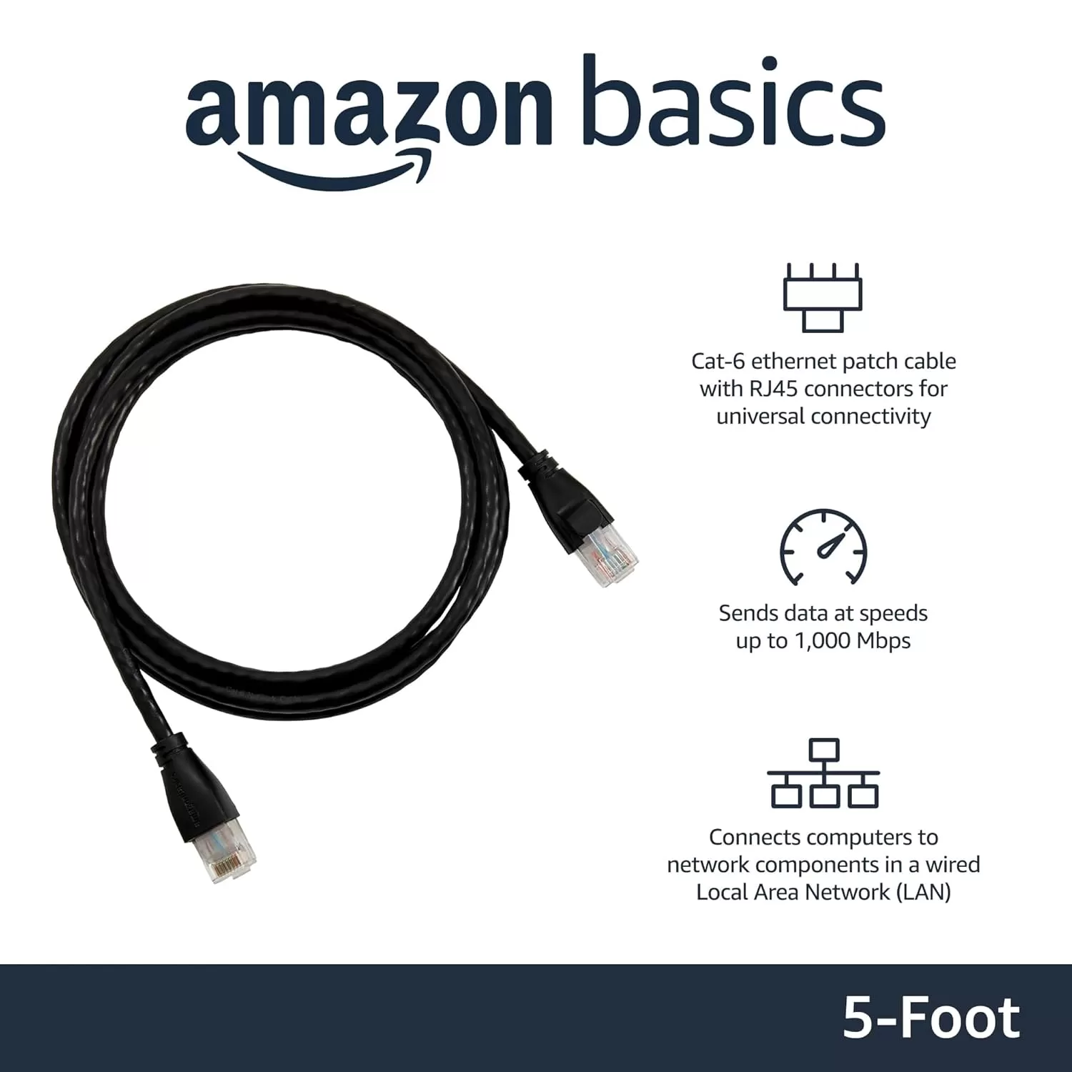 imageAmazon Basics RJ45 Cat6 Ethernet Network Cable for Fast Gaming 1Gbps Transfer Speed Durable GoldPlated Connectors 25 Foot 76 Meters Black5 Foot