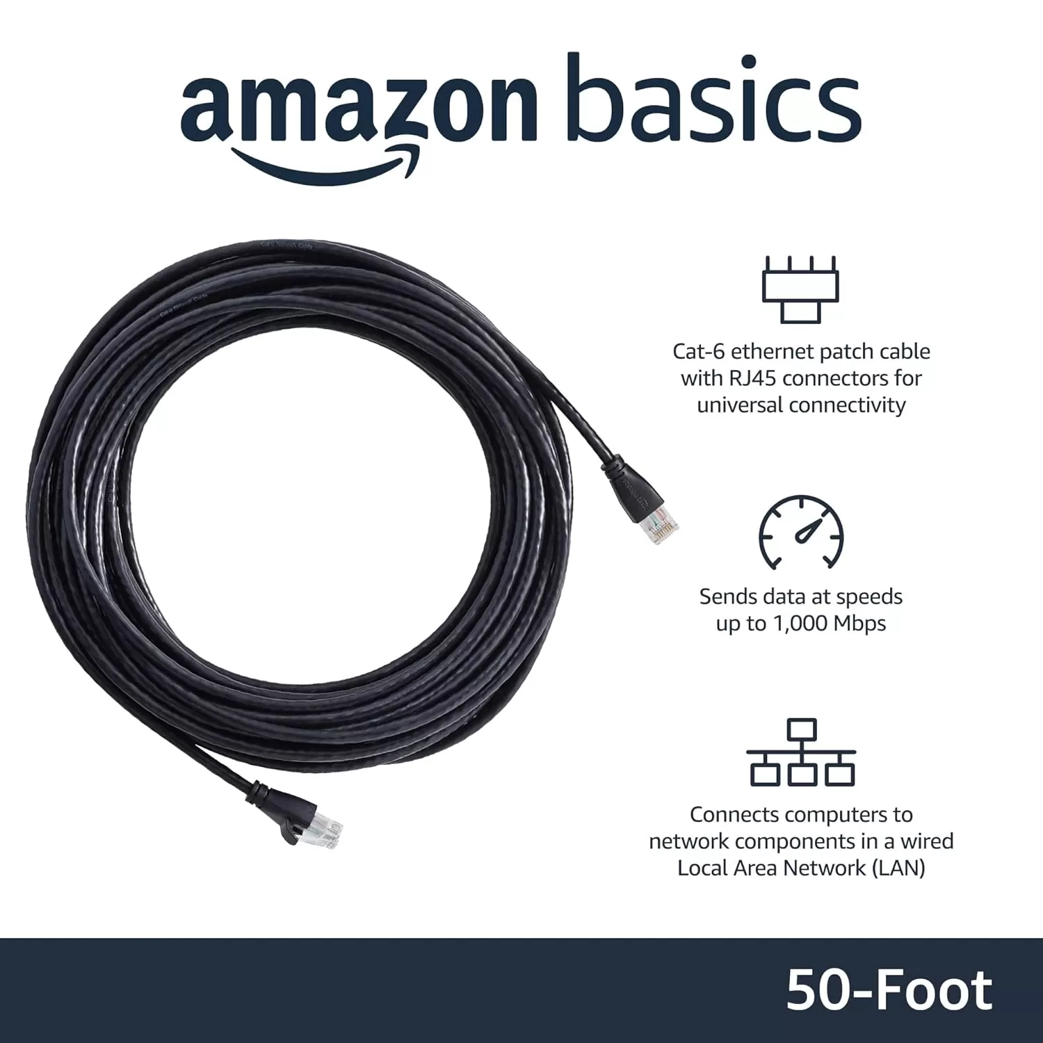 imageAmazon Basics RJ45 Cat6 Ethernet Network Cable for Fast Gaming 1Gbps Transfer Speed Durable GoldPlated Connectors 25 Foot 76 Meters Black50 Foot
