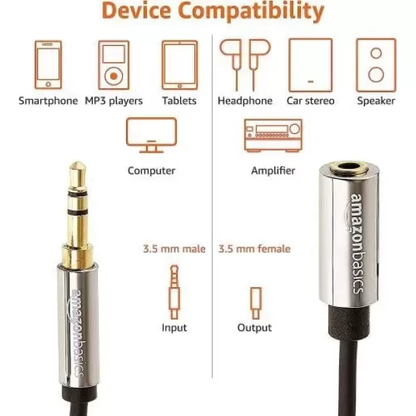 imageAmazon Basics 35mm Aux Jack Audio Extension Cable Male to Female Adapter for Headphone or Smartphone 6 Foot Black12 Feet