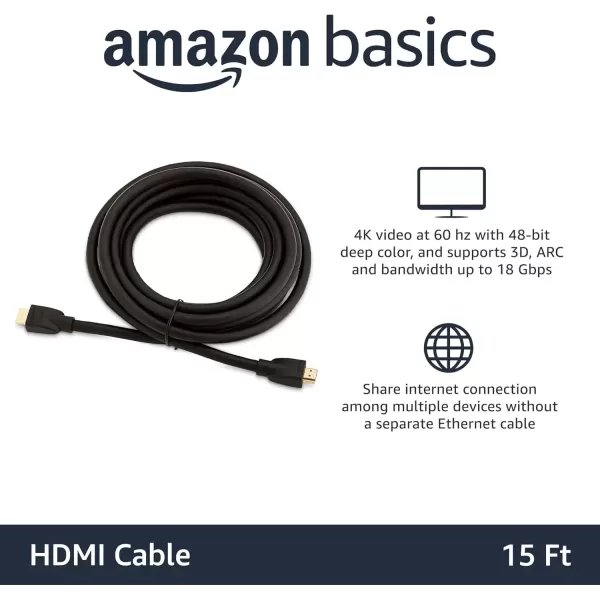 imageAmazon Basics HighSpeed 4K Ultra HD HDMI 20 CableCord 10ft  3m 18 Gbps 60 Hz 2160p 48 bit MaletoMale Ethernet Ready 3D Black15 Feet