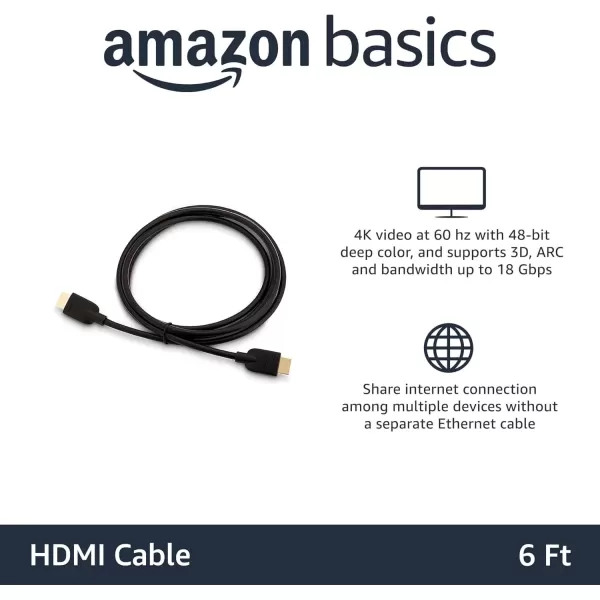 imageAmazon Basics HighSpeed 4K Ultra HD HDMI 20 CableCord 3ft  09m 18 Gbps 60 Hz 2160p 48 bit MaletoMale Ethernet Ready 3D Black6 Feet