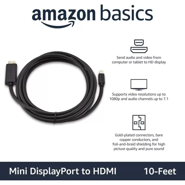 imageAmazon Basics Mini DisplayPort Male to HDMI Male Cable 1080p GoldPlated Plugs 6 Foot Black for Personal Computer10Feet