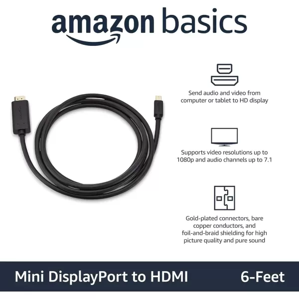 imageAmazon Basics Mini DisplayPort Male to HDMI Male Cable 1080p GoldPlated Plugs 6 Foot Black for Personal Computer6Feet