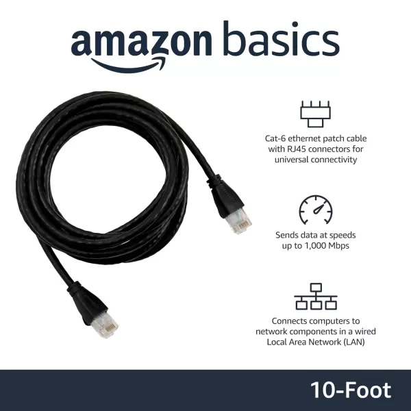 imageAmazon Basics RJ45 Cat6 Ethernet Network Cable for Fast Gaming 1Gbps Transfer Speed Durable GoldPlated Connectors 25 Foot 76 Meters Black10 Foot
