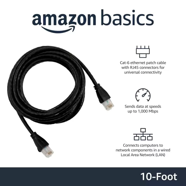 imageAmazon Basics RJ45 Cat6 Ethernet Network Cable for Fast Gaming 1Gbps Transfer Speed Durable GoldPlated Connectors 25 Foot 76 Meters Black10 Foot