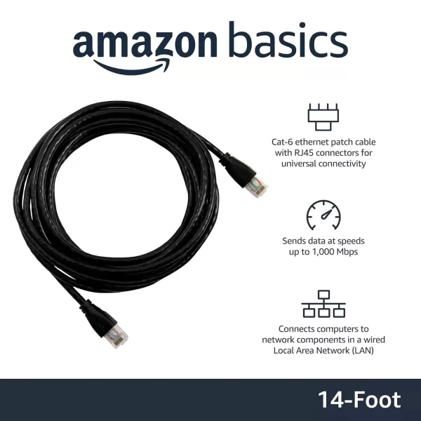 imageAmazon Basics RJ45 Cat6 Ethernet Network Cable for Fast Gaming 1Gbps Transfer Speed Durable GoldPlated Connectors 25 Foot 76 Meters Black14 Foot