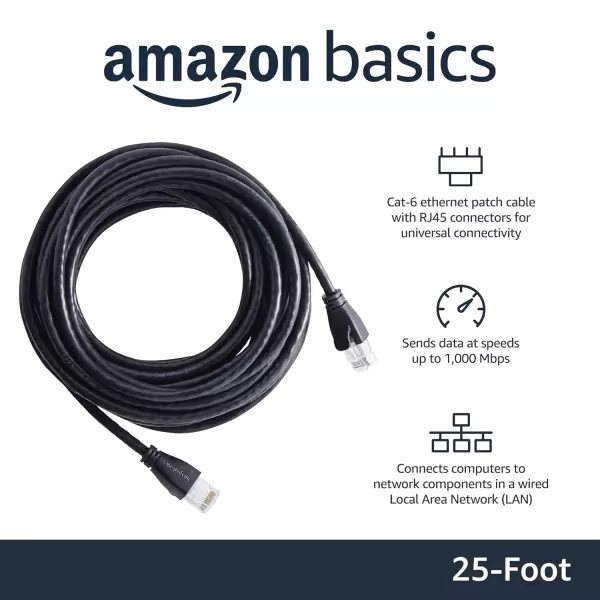imageAmazon Basics RJ45 Cat6 Ethernet Network Cable for Fast Gaming 1Gbps Transfer Speed Durable GoldPlated Connectors 25 Foot 76 Meters Black25 Foot