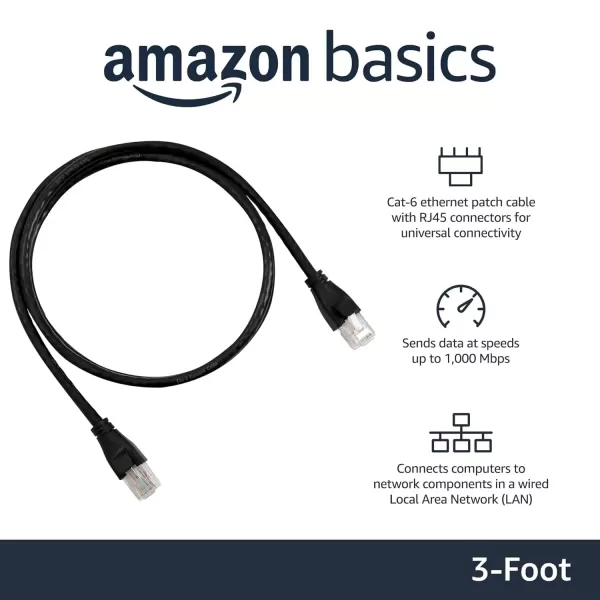 imageAmazon Basics RJ45 Cat6 Ethernet Network Cable for Fast Gaming 1Gbps Transfer Speed Durable GoldPlated Connectors 25 Foot 76 Meters Black3 Foot