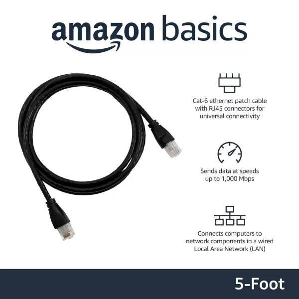 imageAmazon Basics RJ45 Cat6 Ethernet Network Cable for Fast Gaming 1Gbps Transfer Speed Durable GoldPlated Connectors 25 Foot 76 Meters Black5 Foot