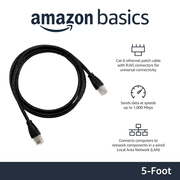 imageAmazon Basics RJ45 Cat6 Ethernet Network Cable for Fast Gaming 1Gbps Transfer Speed Durable GoldPlated Connectors 25 Foot 76 Meters Black5 Foot