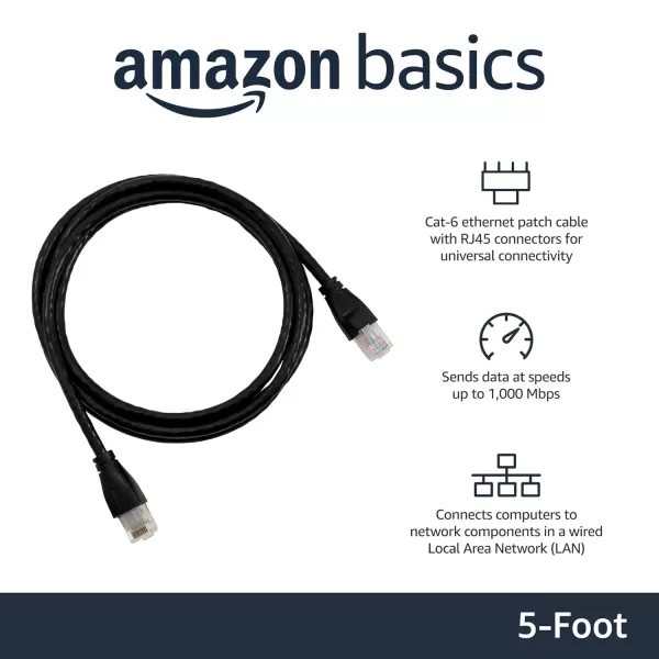 imageAmazon Basics RJ45 Cat6 Ethernet Network Cable for Fast Gaming 1Gbps Transfer Speed Durable GoldPlated Connectors 25 Foot 76 Meters Black5 Foot