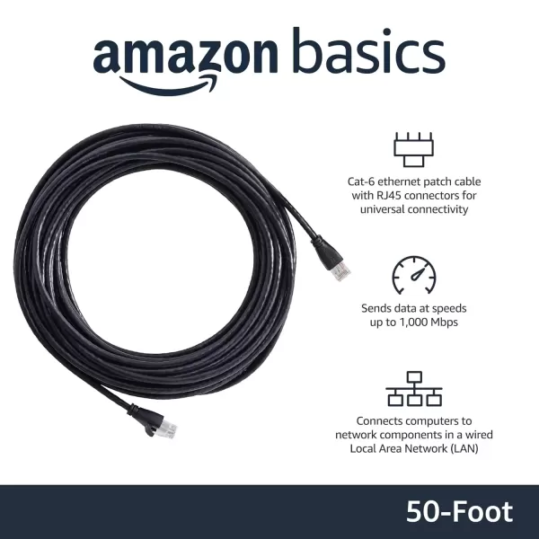 imageAmazon Basics RJ45 Cat6 Ethernet Network Cable for Fast Gaming 1Gbps Transfer Speed Durable GoldPlated Connectors 25 Foot 76 Meters Black50 Foot