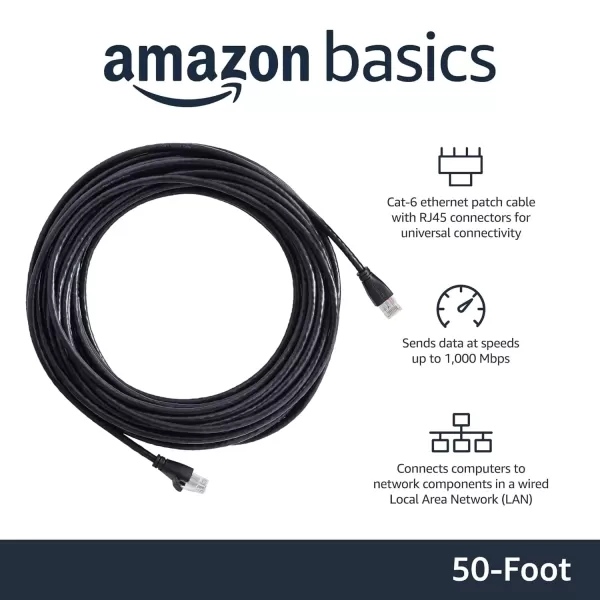 imageAmazon Basics RJ45 Cat6 Ethernet Network Cable for Fast Gaming 1Gbps Transfer Speed Durable GoldPlated Connectors 25 Foot 76 Meters Black50 Foot