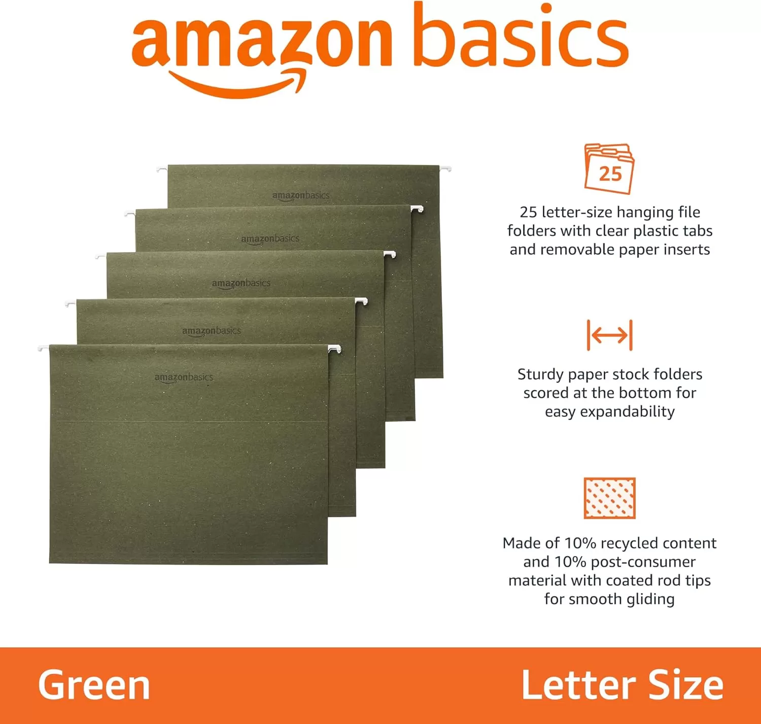 imageAmazon Basics Hanging Organizer File Folder Letter Size Assorted Colors Pack of 25Green