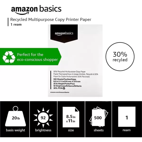 imageAmazon Basics 30 Recycled Multipurpose Copy Printer Paper  85 x 11 Inches 1 Ream 500 Count Sheets White1 Ream  500 Count Sheets