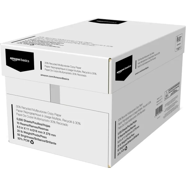 imageAmazon Basics 30 Recycled Multipurpose Copy Printer Paper  85 x 11 Inches 1 Ream 500 Count Sheets White10 Reams  5000 Count Sheets