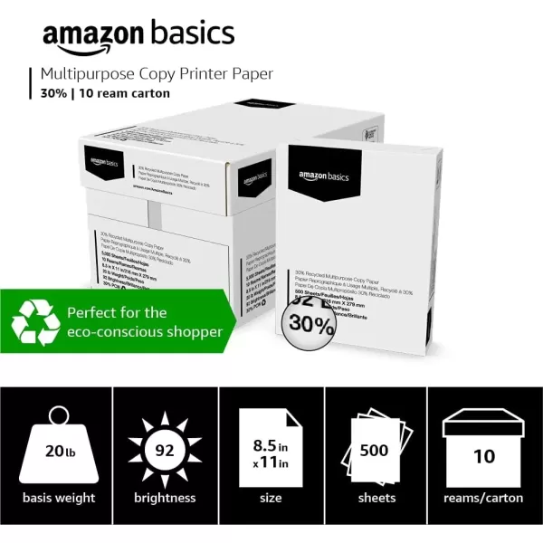 imageAmazon Basics 30 Recycled Multipurpose Copy Printer Paper  85 x 11 Inches 1 Ream 500 Count Sheets White10 Reams  5000 Count Sheets