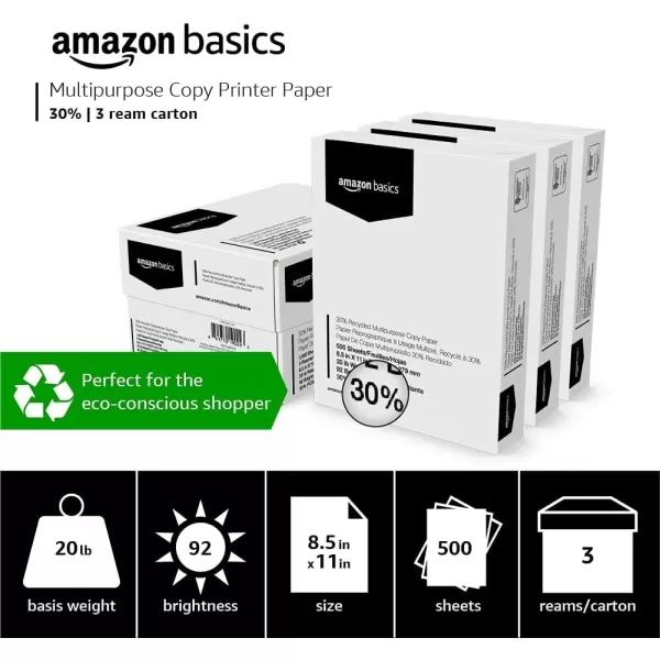 imageAmazon Basics 30 Recycled Multipurpose Copy Printer Paper  85 x 11 Inches 1 Ream 500 Count Sheets White3 Reams  1500 Count Sheets