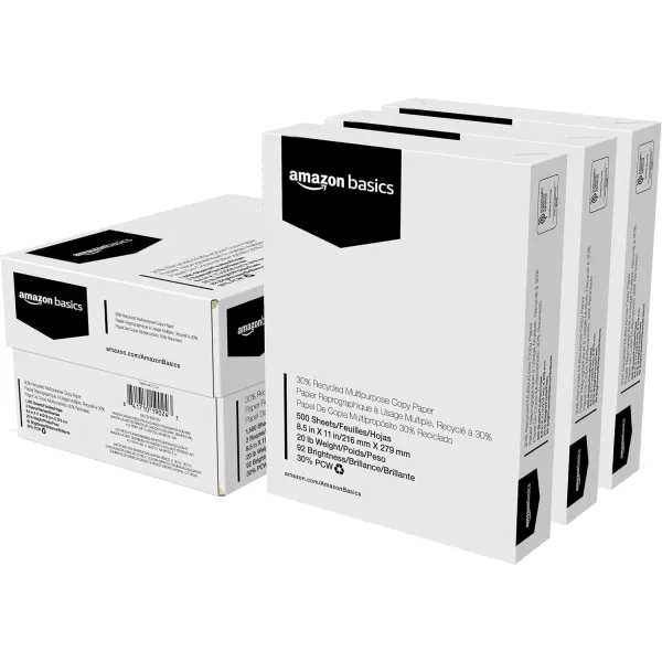imageAmazon Basics 30 Recycled Multipurpose Copy Printer Paper  85 x 11 Inches 1 Ream 500 Count Sheets White3 Reams  1500 Count Sheets