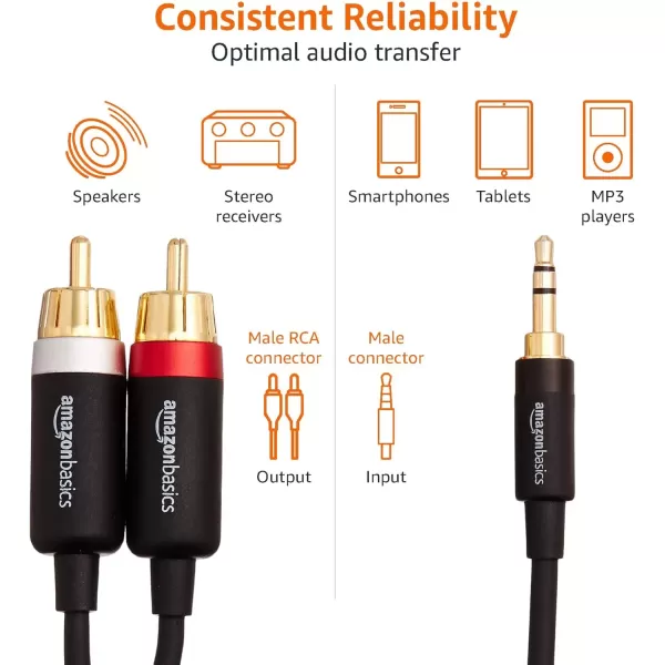 imageAmazon Basics 35 Aux to 2 x RCA Adapters Audio Cable for Amplifiers Active Speakers with GoldPlated Plugs 8 Feet24 m Black15 Feet
