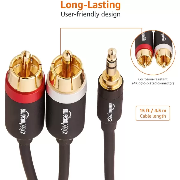 imageAmazon Basics 35 Aux to 2 x RCA Adapters Audio Cable for Amplifiers Active Speakers with GoldPlated Plugs 8 Feet24 m Black15 Feet