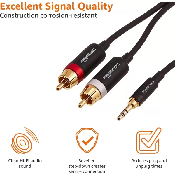 imageAmazon Basics 35 Aux to 2 x RCA Adapters Audio Cable for Amplifiers Active Speakers with GoldPlated Plugs 8 Feet24 m Black15 Feet