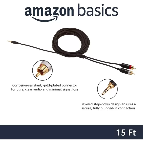 imageAmazon Basics 35 Aux to 2 x RCA Adapters Audio Cable for Amplifiers Active Speakers with GoldPlated Plugs 8 Feet24 m Black15 Feet