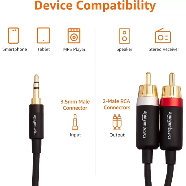 imageAmazon Basics 35 Aux to 2 x RCA Adapters Audio Cable for Amplifiers Active Speakers with GoldPlated Plugs 8 Feet24 m Black4 Feet