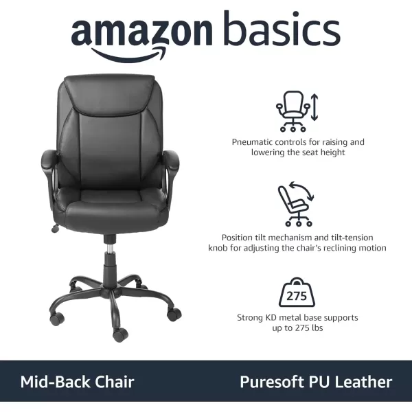 imageAmazon Basics Classic Puresoft PU Padded MidBack Height Adjustable Office Computer Desk Chair with Armrest 26quotD x 2375quotW x 42quotH BlackBlack