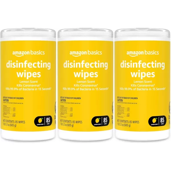 imageAmazon Basics Disinfecting Wipes Lemon Scent for Sanitizing Cleaning ampamp Deodorizing 255 Count 3 Packs of 8585 Count Pack of 3