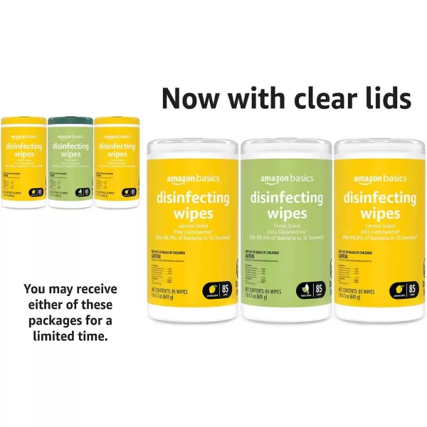 imageAmazon Basics Disinfecting Wipes Lemon Scent for Sanitizing Cleaning ampamp Deodorizing 255 Count 3 Packs of 8585 Count Pack of 3
