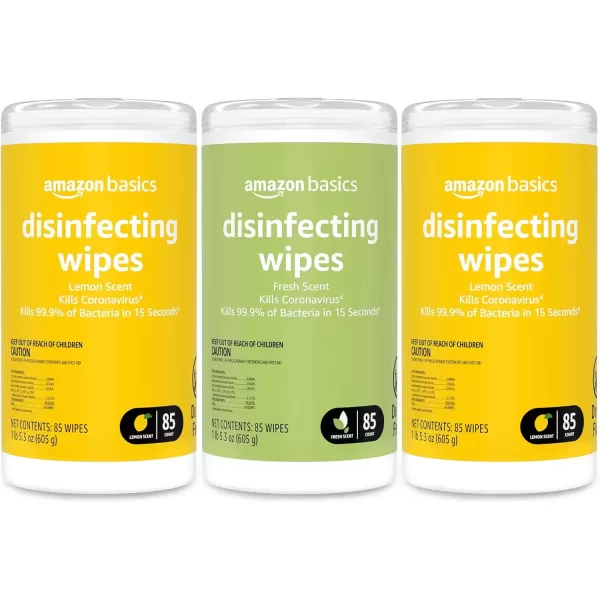 imageAmazon Basics Disinfecting Wipes Lemon Scent for Sanitizing Cleaning ampamp Deodorizing 255 Count 3 Packs of 8585 Count Pack of 3