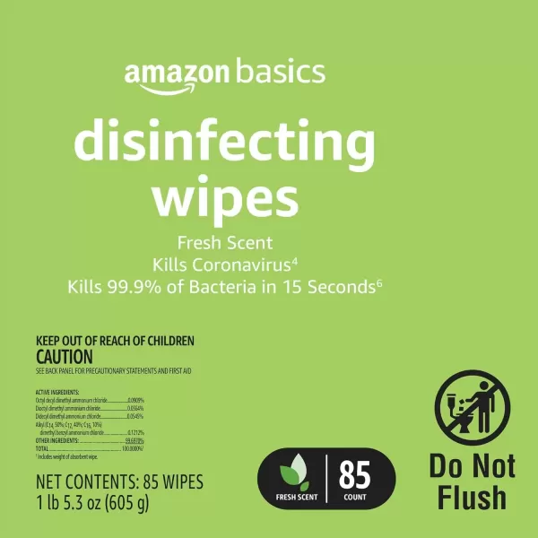 imageAmazon Basics Disinfecting Wipes Lemon Scent for Sanitizing Cleaning ampamp Deodorizing 255 Count 3 Packs of 8585 Count Pack of 4