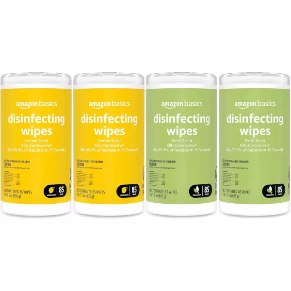 imageAmazon Basics Disinfecting Wipes Lemon Scent for Sanitizing Cleaning ampamp Deodorizing 255 Count 3 Packs of 8585 Count Pack of 4