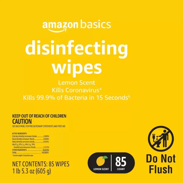 imageAmazon Basics Disinfecting Wipes Lemon Scent for Sanitizing Cleaning ampamp Deodorizing 255 Count 3 Packs of 8585 Count Pack of 4