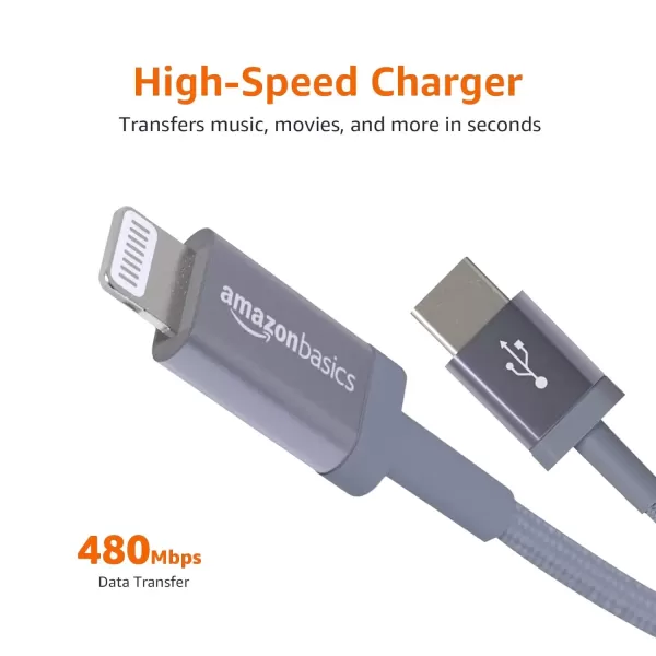 imageAmazon Basics Fast Charging USBC to Lightning iPhone Charger Cable Nylon Braided Cord MFi Certified Compatible Charger for Apple iPhone 14 13 12 11 X Xs Pro Pro Max Plus iPad 6 Foot Dark GrayDark Gray