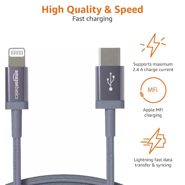 imageAmazon Basics Fast Charging USBC to Lightning iPhone Charger Cable Nylon Braided Cord MFi Certified Compatible Charger for Apple iPhone 14 13 12 11 X Xs Pro Pro Max Plus iPad 6 Foot Dark GrayDark Gray