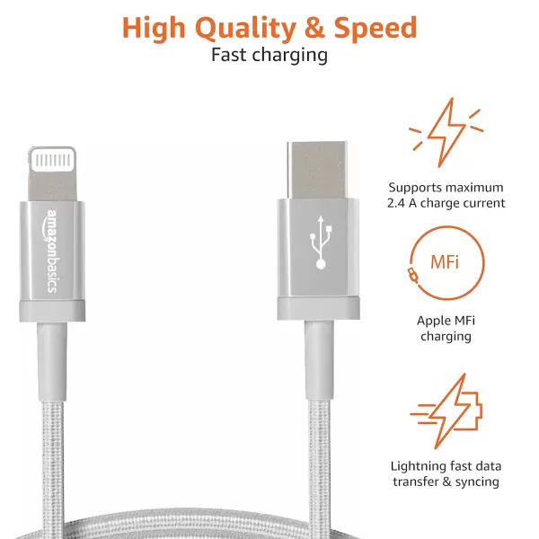 imageAmazon Basics Fast Charging USBC to Lightning iPhone Charger Cable Nylon Braided Cord MFi Certified Compatible Charger for Apple iPhone 14 13 12 11 X Xs Pro Pro Max Plus iPad 6 Foot Dark GraySilver